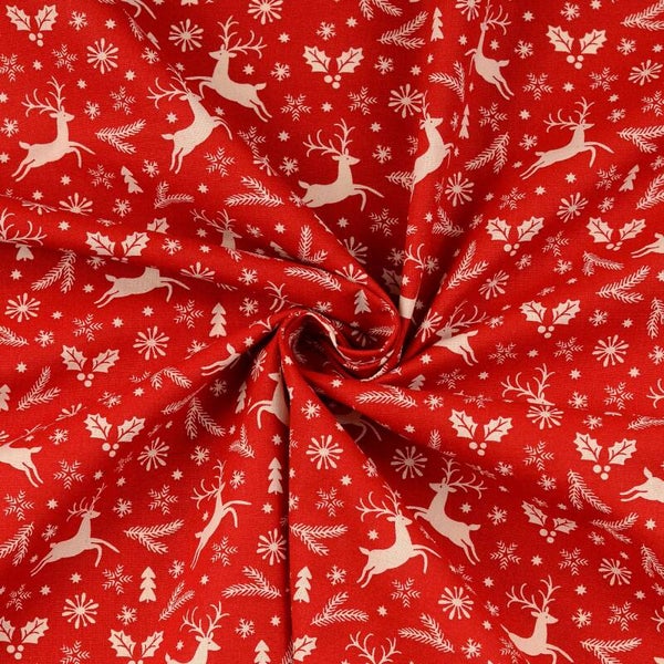 Baumwollstoff Weihnachten rot mit Hirschen