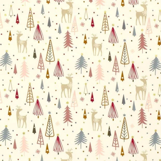 Baumwollstoff Rehe und Tannenbäume creme