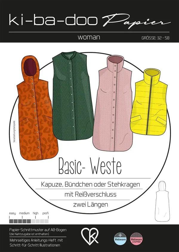 Papierschnitt Basic-Weste Damen Größe 32-58 von Ki-ba-doo