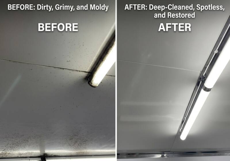 Before‑and‑after industrial cleaning showing grime‑covered surfaces restored to spotless, sanitized condition with professional deep‑cleaning results.