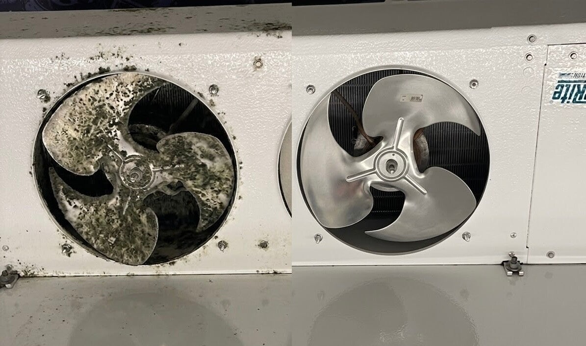 Before‑and‑after industrial cleaning showing grime‑covered surfaces restored to spotless, sanitized condition with professional deep‑cleaning results.