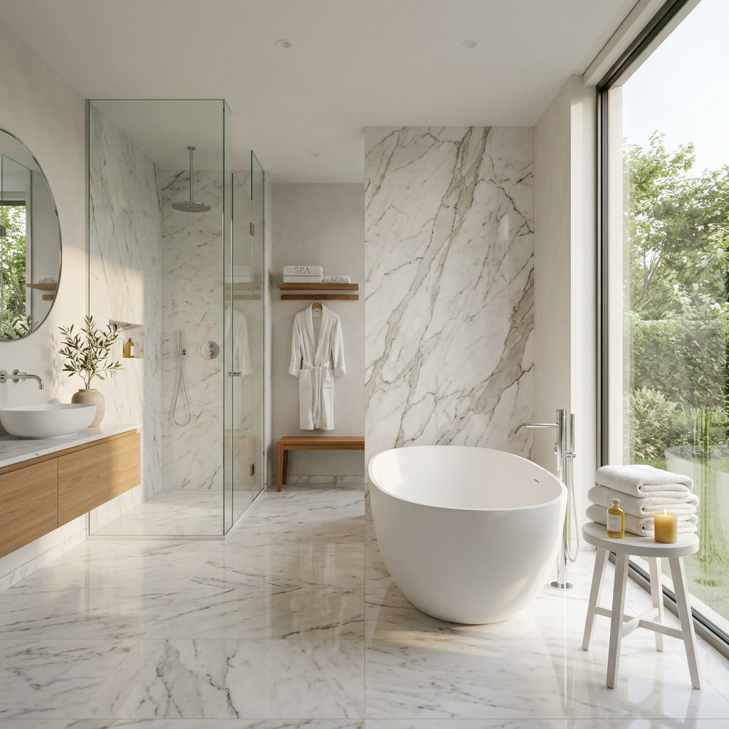 Spotless marble bathroom with gleaming tub, clear glass shower, and fresh spa‑style setup