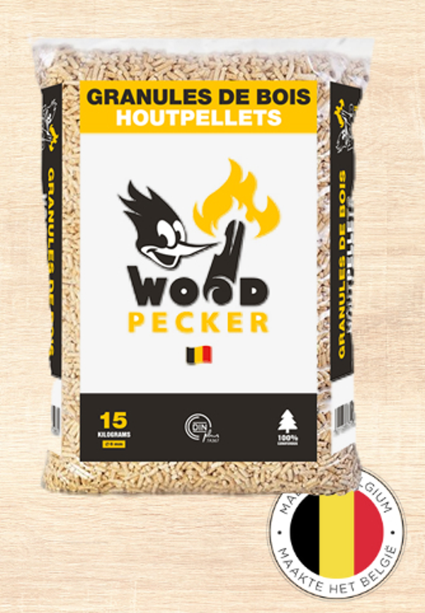 €6/zak: 2 palletten = 140 zakken x 15 kg WOOD PECKER = 2100 kg 100% naaldhout = €420/pallet
