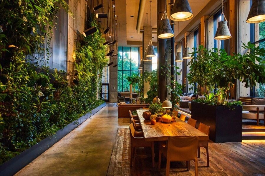 design biophilique restaurant végétal bambou