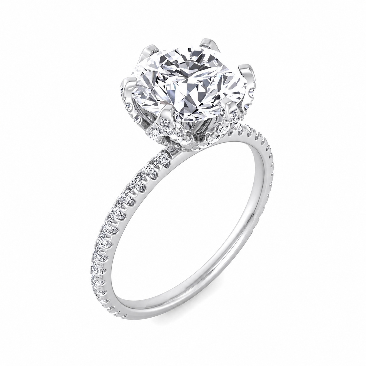 Round Cut Hidden Halo Lab Grown Diamond Engagement Ring With Thin Pave Band