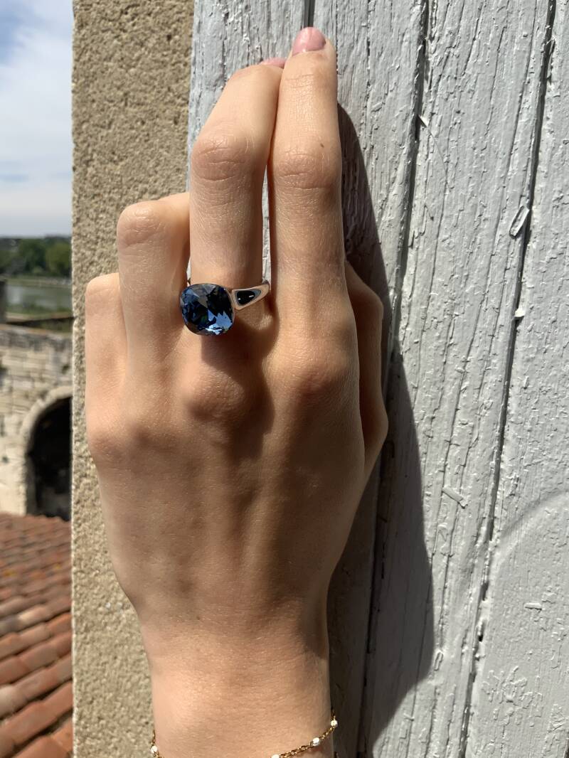 Bague Vintage Boule De Verre Bleu Et Blanc - Métal Argenté - Taille 53 - Occasion