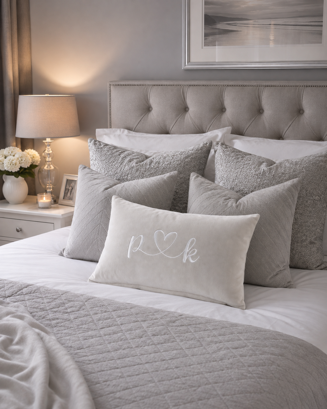 Scatter Cushion for Bed/ Chair/ decoration. Embroidered with two Initials and Heart