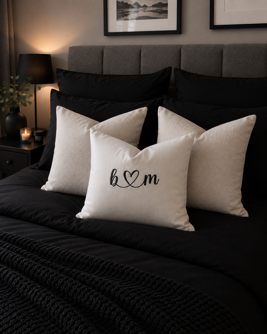 Large Scatter Cushion for Bed/ Chair/ decoration. Embroidered with two Initials and Heart