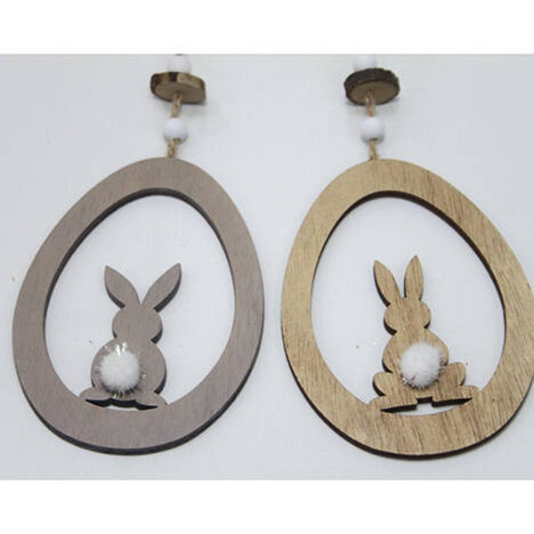 Houten Hangertjes ei met zachte pom pom staart -2 stuks