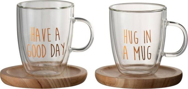 J-Line Tas Op Voet Tekst Glas/Hout Transparant/Koper/Naturel Assortiment Van 2