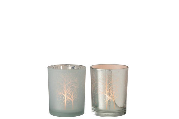 J-Line Windlicht Boom Glas Wit/Zilver Medium - L10xB10xH13 cm  - 2 stuks