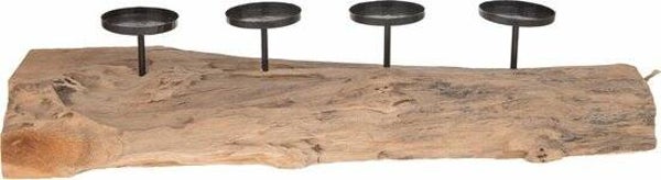 Houten Stronk met 4 kaarsenhouders - Teak hout - 70 x 20 x 16 cm
