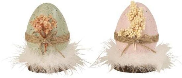 Paaseieren met bloemen en verendecoratie op houten - hoogte: 12 cm, 2- maal geassorteerd - 2 stuks
