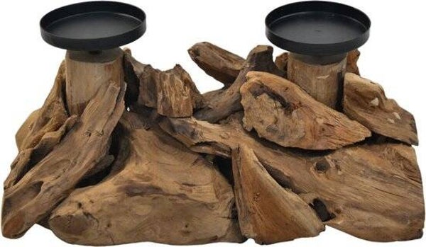 Kaarsenhouder op voet dubbel - 32x18x14 - Naturel/zwart - Drijfhout/metaal