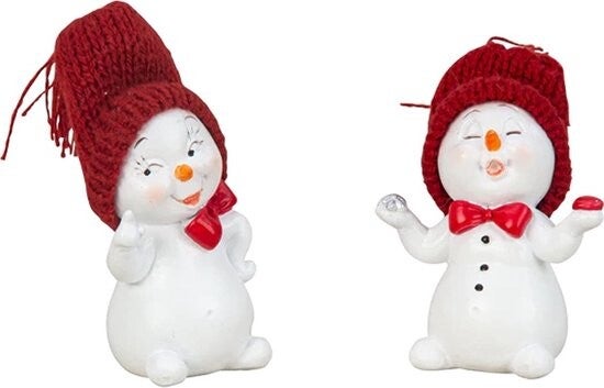 Mini Schattige sneeuwpoppen staand met rode muts - hoogte: 7cm, breedte: 4-5cm - 2 STUKS
