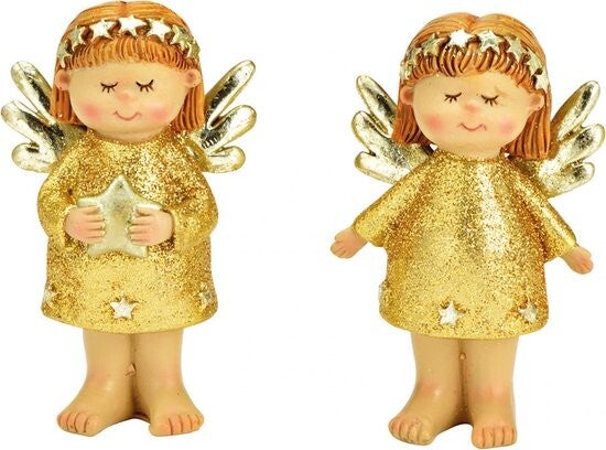 Engeltjes Goud - Poly Goud Glitter Engel 2- maal geassorteerd , (breedte/hoogte/diepte) 5x9x3cm - 2 stuks