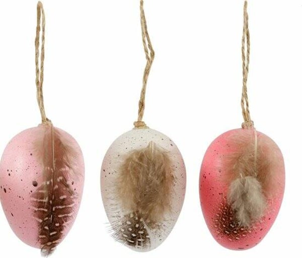 Paasei hangertjes roze & wit met veertje - set van 6