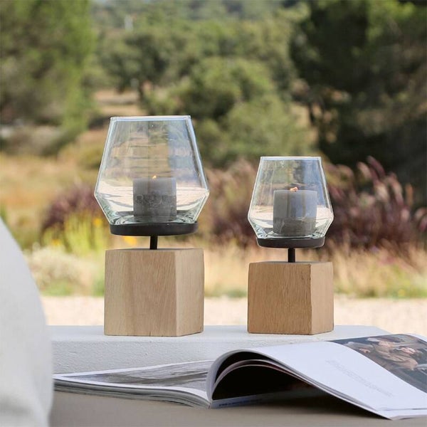 Eikenhouten windlicht  met Glas – Landelijk Windlicht – 24 cm / 34 cm