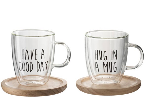Tas Op Voet Tekst Glas/Hout Transparant/Zwart/Naturel - set van  2 stuks