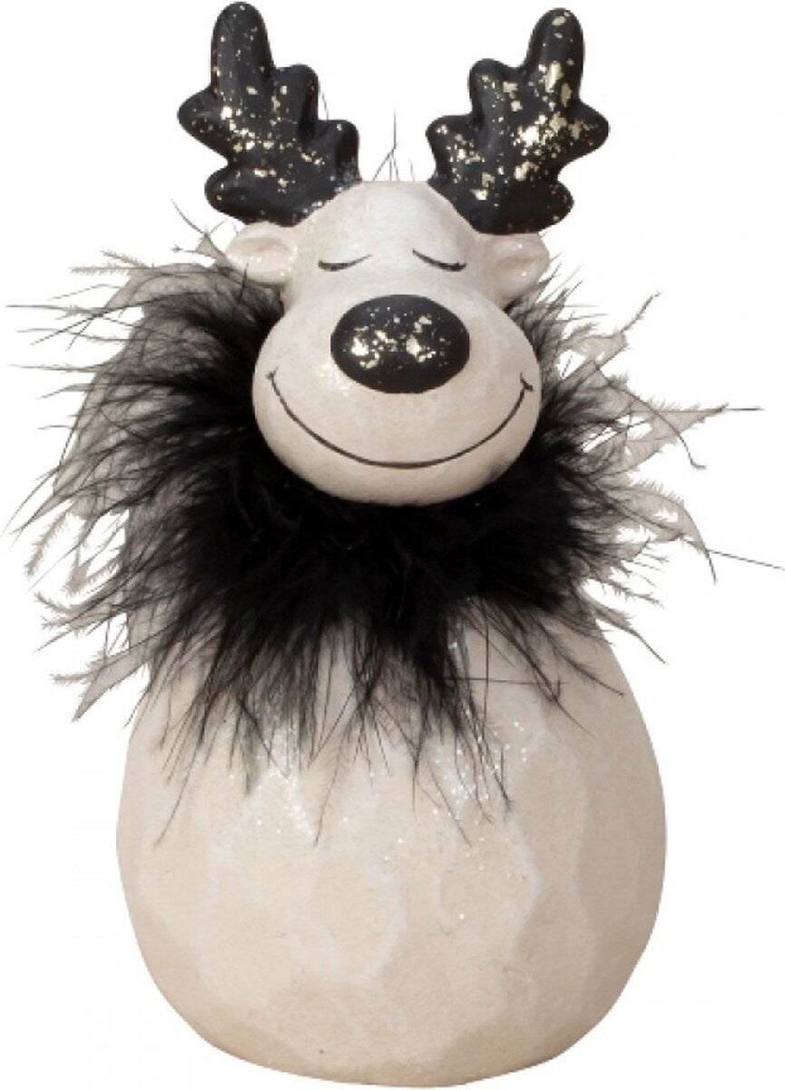 Eland met zwarte boa sjaal - wit/zwarte Staande eland - kerstdecoratie - kerstsfeer - 19,5x7cm