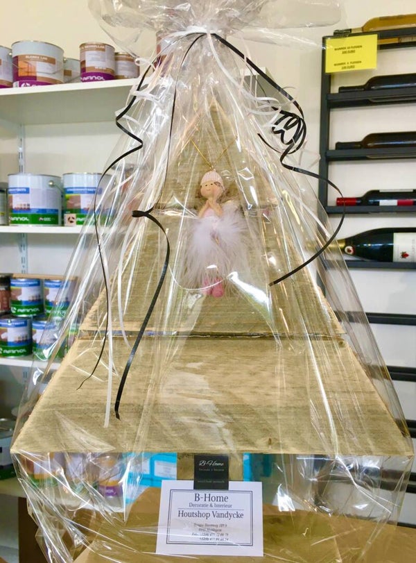 GIFTSET - Steigerhout KERSTBOOM 38 cm  + verlichting + Hangertje Engel + VERPAKT