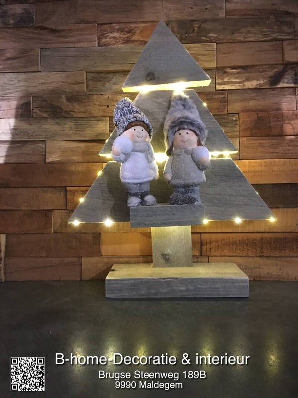 Cadeautip : Kerstboom Steigerhout - 38 cm+ verlichting + Koppel kindren + verpakt