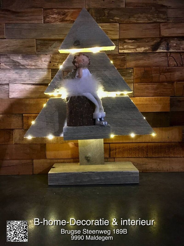 GIFTSET - Steigerhout KERSTBOOM 38 cm + verlichting + engeltje + VERPAKT