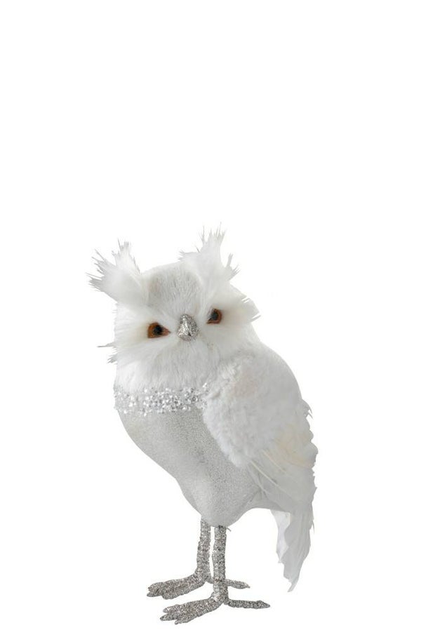 Uil Staand Pluche/Veren Wit/Zilver Large