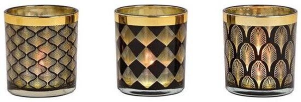 Theelichthouder Set ZWART GOUD | RETRO | 7x7x8CM - Set 3 stuks