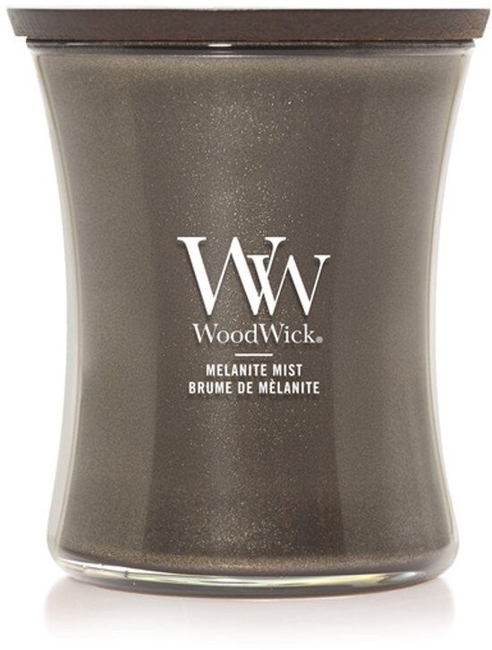 WoodWick Melanite Mist – Medium Hourglass Antraciet met houten lont. Fris-schoon geurprofiel met aldehyden, mos en amber. ± 60 uur brandplezier. | B-Home Decoratie & Interieur