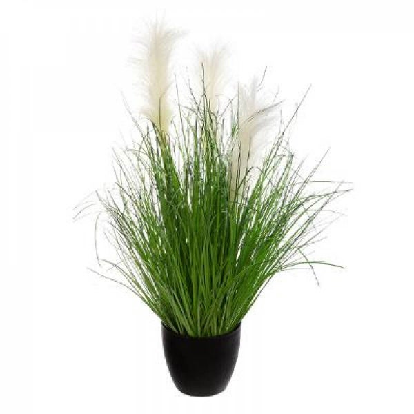Kunstplant siergras met pluimen groen/Wit in zwarte pot - 90 cm of 70cm Hoog