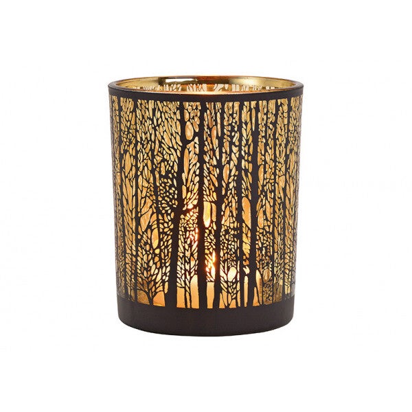 Windlicht winterbos decor van zwart glas - Large
