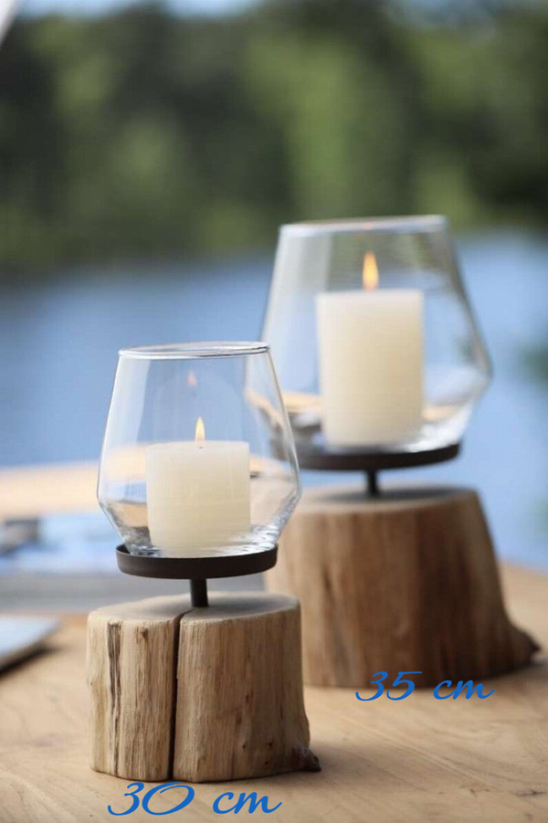 Windlicht op houten voet - kaars houder - boomstam lantaarn