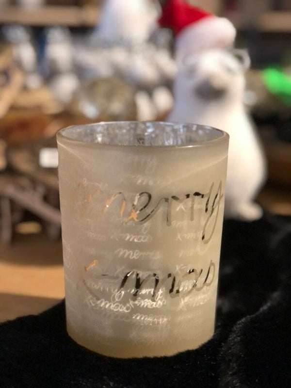 Windlicht Merry X-Mas Goud - Kerstdecoratie - Kerstsfeer - waxinelichthouder - Ø10x12,5cm