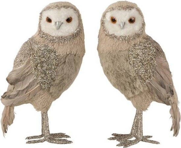 J-Line Koppel Uil Staand Strass Veren Glitter Grijs-Wit  L18xB13xH32 cm