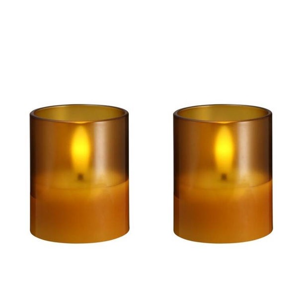 Moods & More Hurricane LED Glaskaarsen Honey Mustard – 2 stuks – Ø 4,7 × 5,7 cm