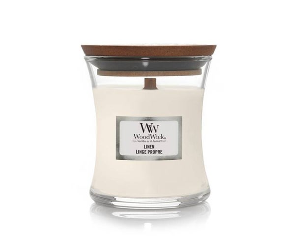 WoodWick Linen Mini Geurkaars – Frisse Wasgeur