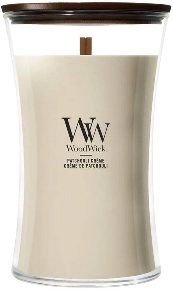 WoodWick Geurkaars Large Patchouli Crème 18 cm | Geurkaars in glas met houten lont