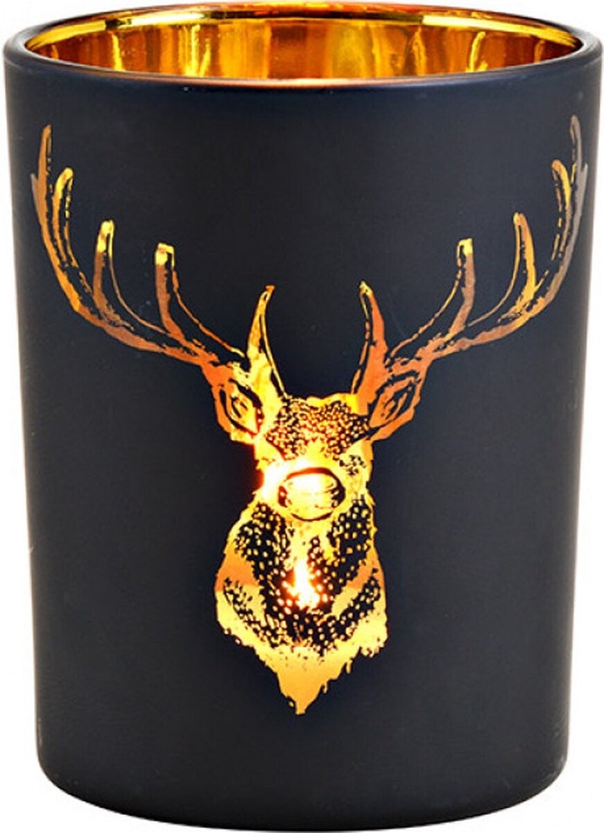 Lantaarn hert decor van glas zwart, goud  10x12x10cm - Medium