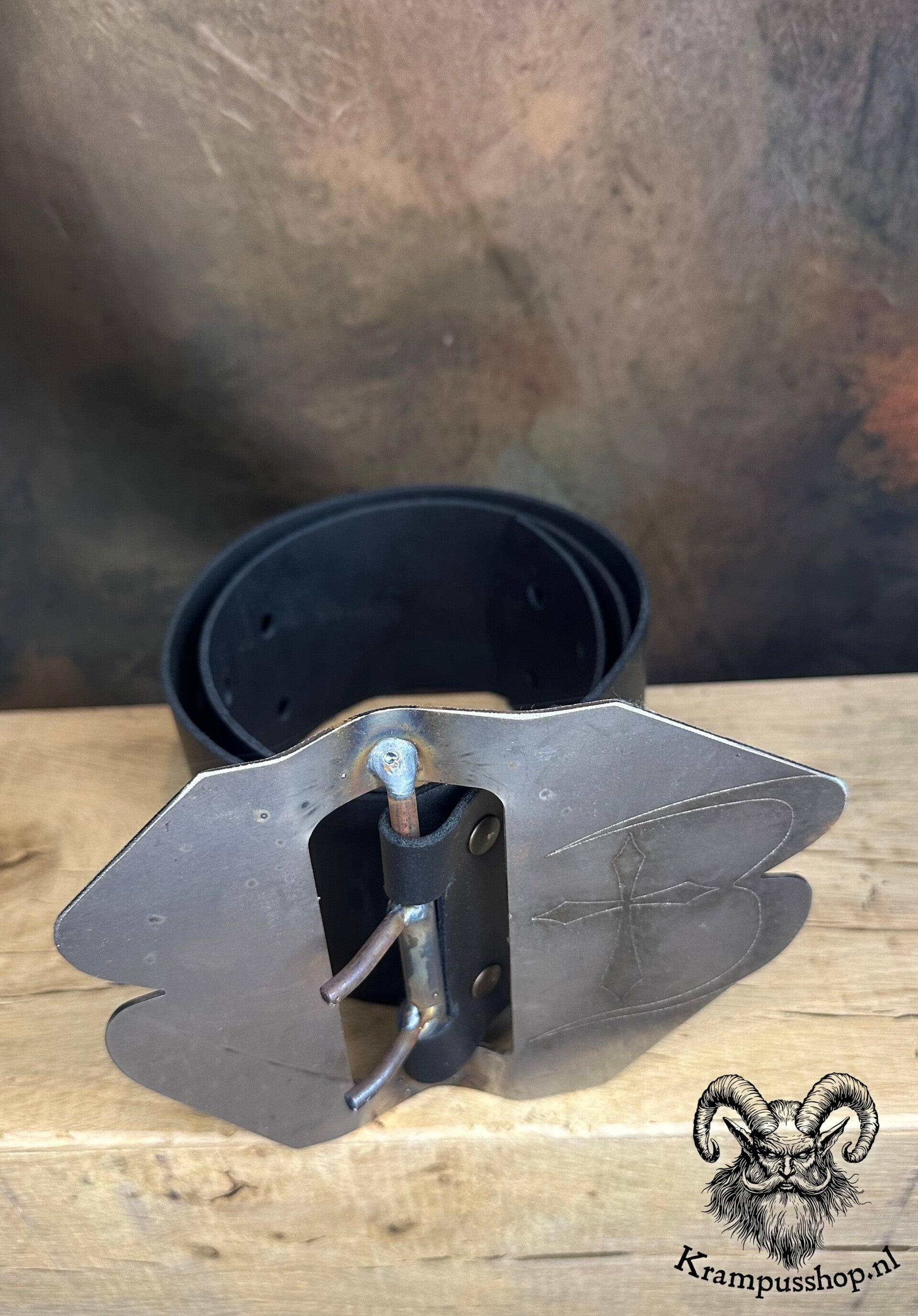 Krampus-Perchten Riem, echt leder en 9 cm breed, 90 cm lang, zwart