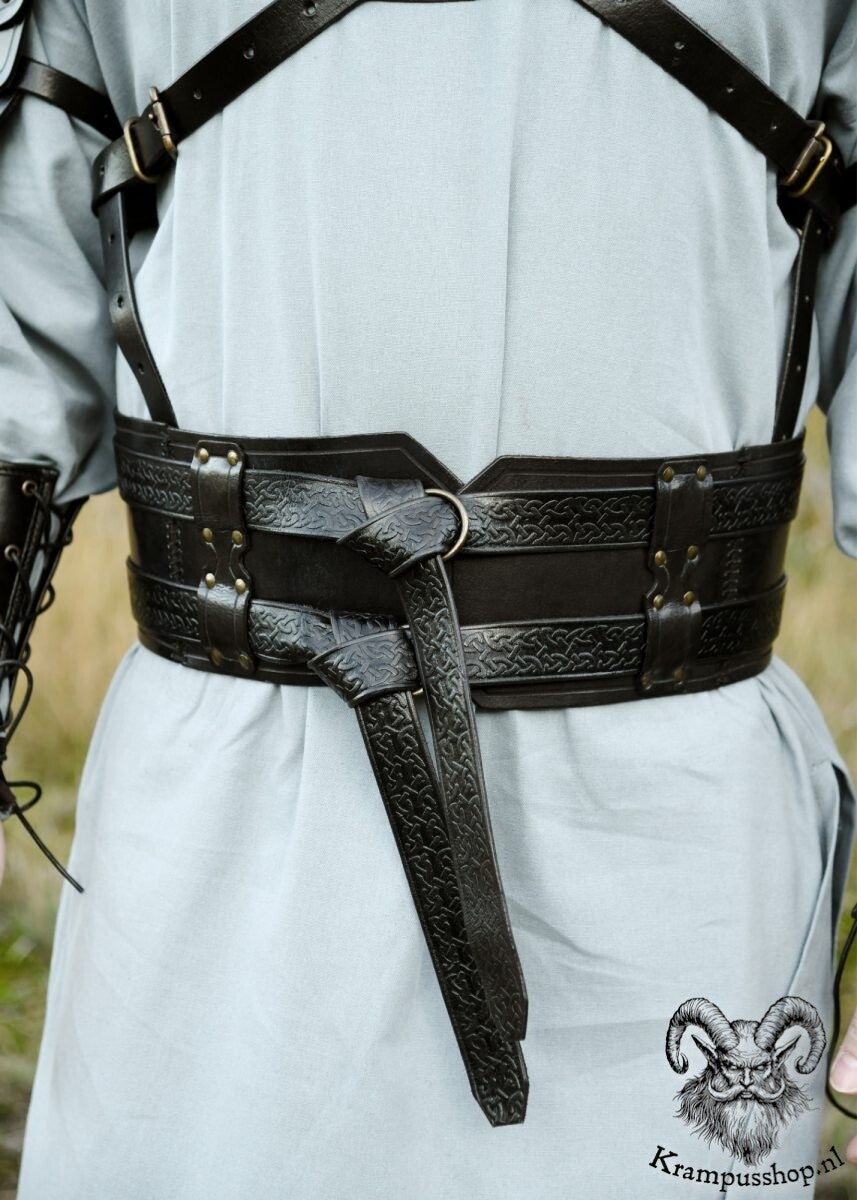 Krampus - Perchten dubbele lederen riem in Zwart