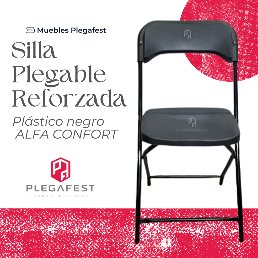 SILLA PLEGABLE REFORZADA CON ASIENTO Y RESPALDO EN PLASTICO NEGRO ALFA COFORT
