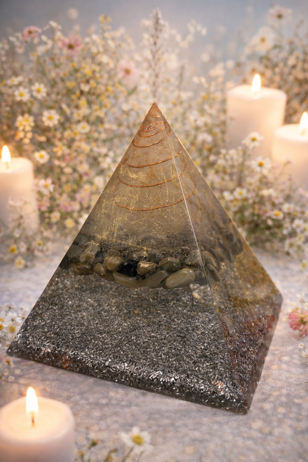 ✨ Pyramide Orgonite – Citrine & Pierres Naturelles ✨