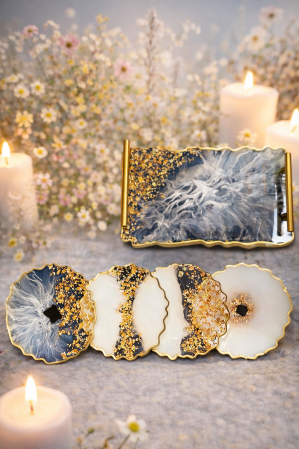 🤍 Ensemble Plateau & Sous-Verres – Éclat Minéral