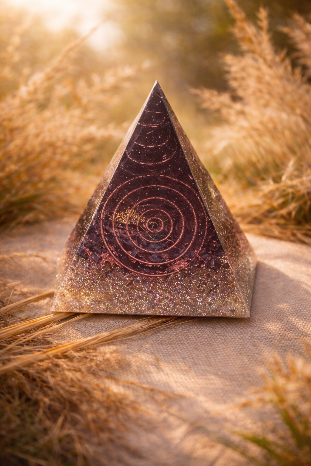 Orgonite Pyramide – Obsidienne, Cuivre, Laiton & Cristal de Roche