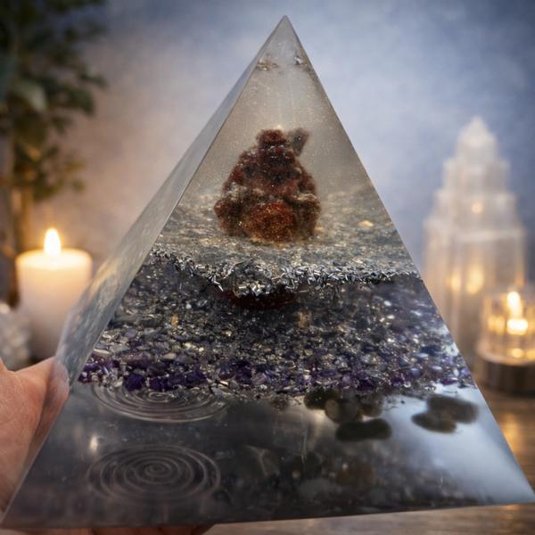 Pyramide Orgonite – Labradorite & Cristal de Roche – Bouddha