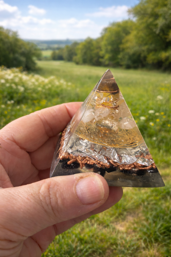 ✨ Pyramide Orgonite – Œil de Tigre, Cristal de Roche, Quartz Rose, Cuivre, Aluminium & Fleur de Vie