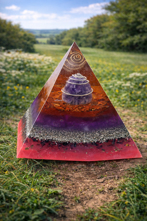 ✨ Pyramide Orgonite – Améthyste, Cristal de Roche, Quartz Rose & Aluminium