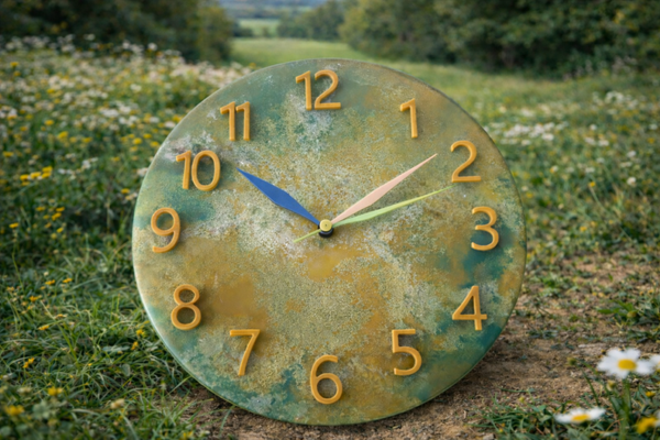 🌿 Horloge Murale Artisanale – Terre d’Or – 25 cm
