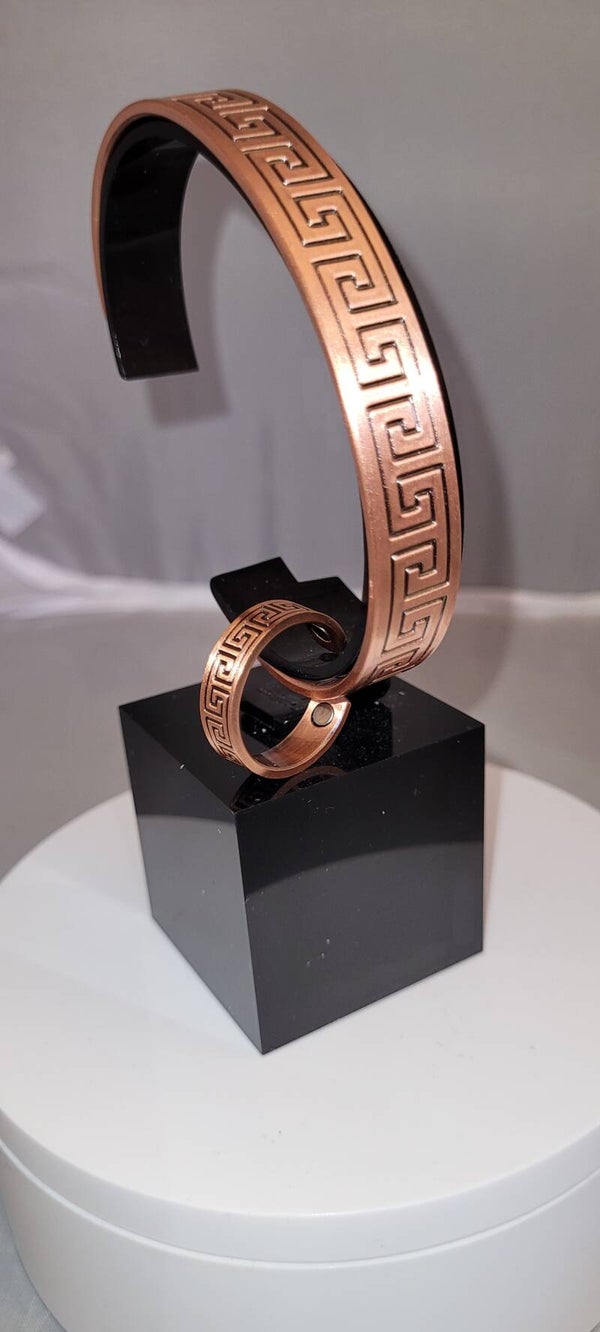 Greek Key Pattern Wide Bracelet and Ring Set